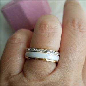 Swarovski Elements Gold Stainless Steel White Ceramic Eternity Band Ring NEW